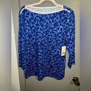 NWT Kim Rogers blue long sleeve shirt with white anchor designs, button accent